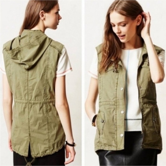 ANTHROPOLOGIE Marrakech Military Olive Green Utility Zip Anorak Vest Sz M